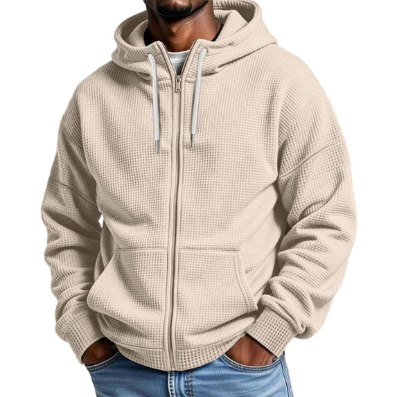 FENGYOU Mens Waffle Knit Zip Up Hoodie Long Sleeve Drawstring Hooded Sweatshirt Relaxed Fit Casual Full Zip Jacket Beige L