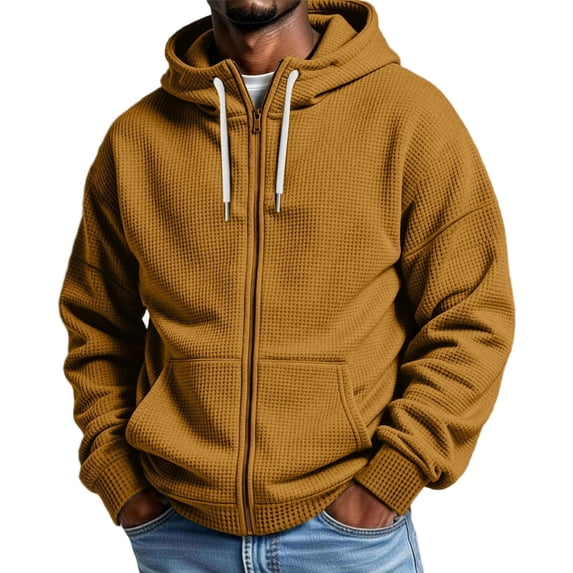 FENGYOU Mens Waffle Knit Zip Up Hoodie Long Sleeve Drawstring Hooded Sweatshirt Relaxed Fit Casual Full Zip Jacket Earthy Yellow 2XL