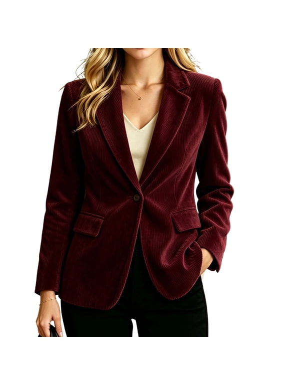 Womens Corduroy Blazer Jacket Casual One Button Lapel Long Sleeve Tailored Outerwear with Flap Pockets Regular Fit Wine XL
