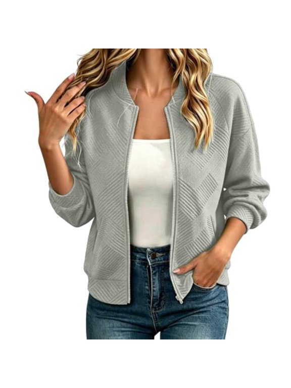 Womens Cropped Lightweight Zip Up Jacket Casual Sports Outerwear Textured Long Sleeve Stand Collar Short Coat Gray S
