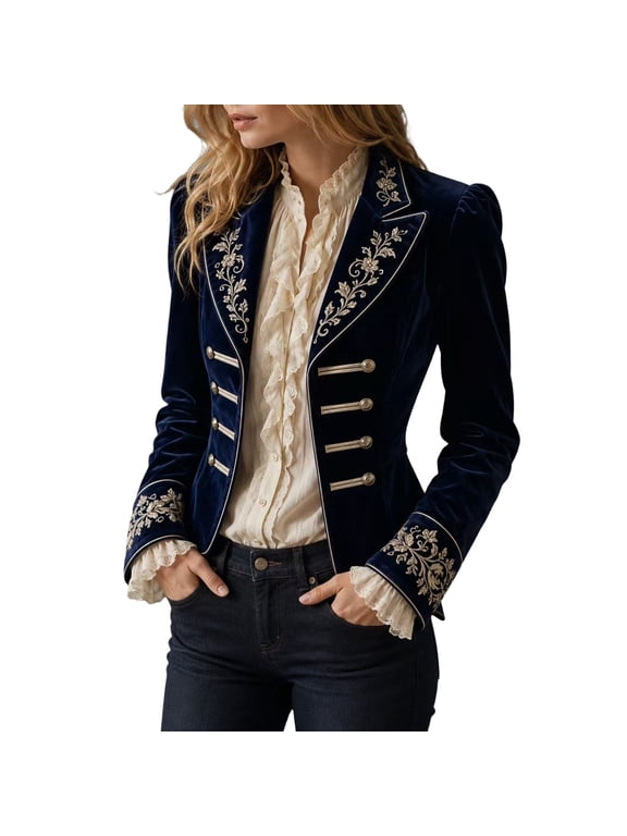 Womens Long Sleeve Velvet Jacket Embroidered Lapel Spliced Tailored Outerwear Button Detail Fitted Vintage Style Coat Navy XL
