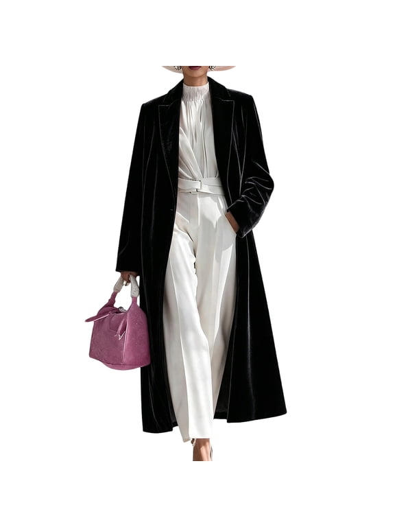 Womens Long Velvet Coat Notched Lapel Over Knee Outerwear Relaxed Longline Silhouette Formal Style Velvet Jacket Black M