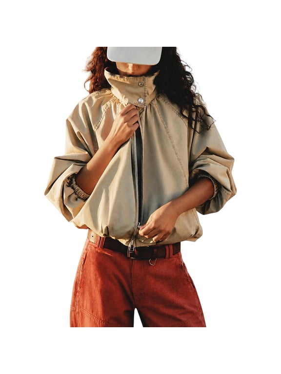 Womens Loose Casual Lightweight Jacket Zip Front Short Outerwear with Pockets Stand Collar Summer Everyday Coat Beige L