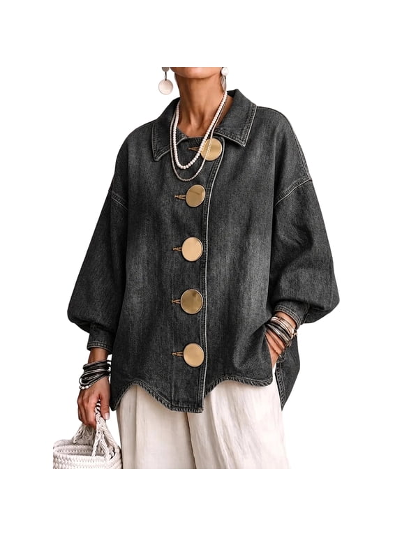 Womens Oversized Denim Jacket with Collar and Large Metal Button Front Loose Fit Long Sleeve Casual Fashion Outerwear Black L