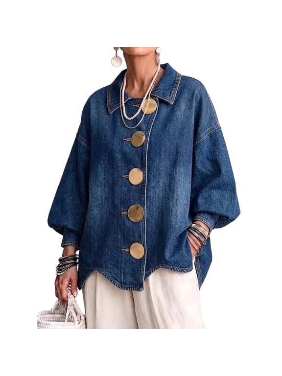 Womens Oversized Denim Jacket with Collar and Large Metal Button Front Loose Fit Long Sleeve Casual Fashion Outerwear Dark Blue L