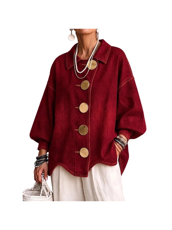 Womens Oversized Denim Jacket with Collar and Large Metal Button Front Loose Fit Long Sleeve Casual Fashion Outerwear Wine M