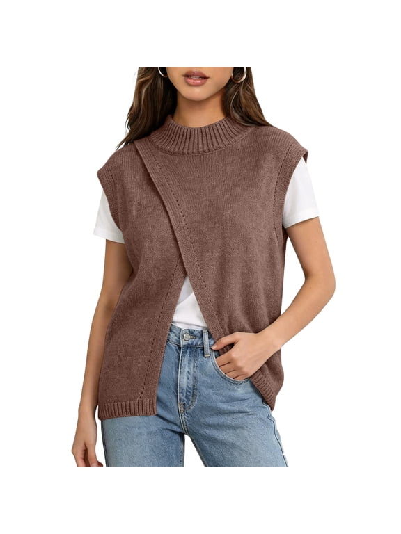 Womens Sleeveless Sweater Vest Mock Neck Side Slit Pullover Knit Tunic Top Asymmetrical Hem Loose Fit Casual Style Coffee L