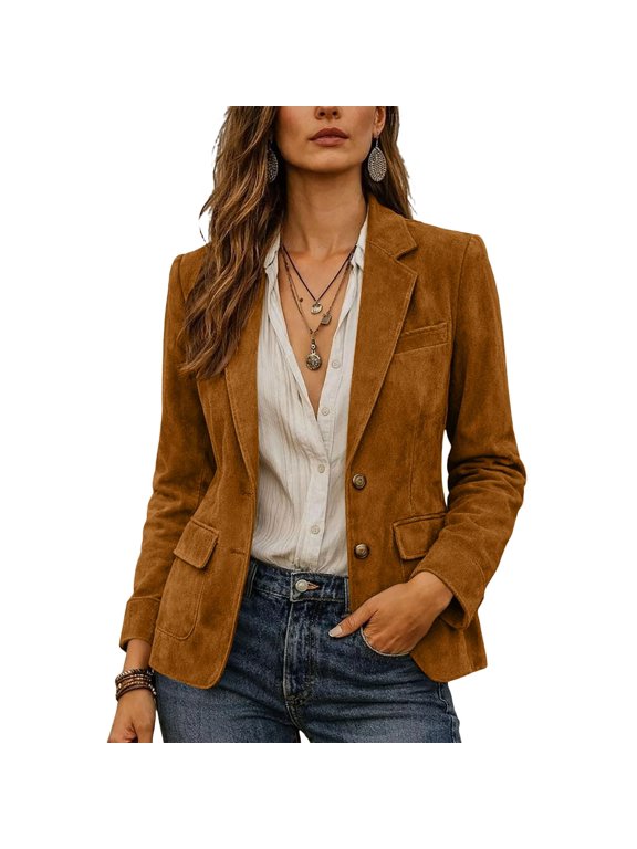 Womens Suede Like Blazer Jacket Two Button Tailored Fit Lapel Collar Long Sleeve Structured Casual Office Outerwear Brown 2XL