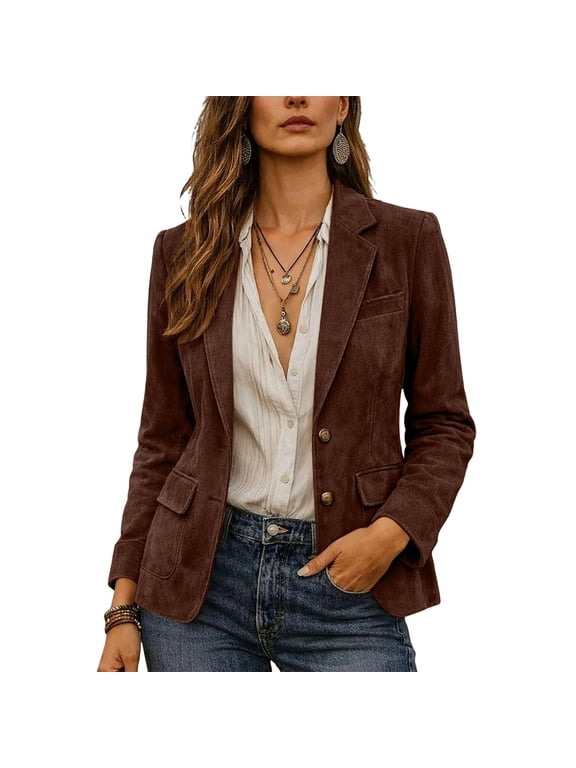 Womens Suede Like Blazer Jacket Two Button Tailored Fit Lapel Collar Long Sleeve Structured Casual Office Outerwear Coffee L