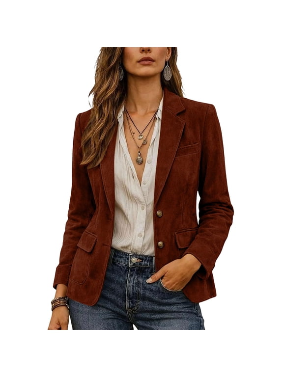 Womens Suede Like Blazer Jacket Two Button Tailored Fit Lapel Collar Long Sleeve Structured Casual Office Outerwear Deep Red 2XL