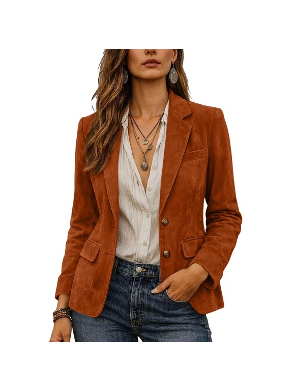 Womens Suede Like Blazer Jacket Two Button Tailored Fit Lapel Collar Long Sleeve Structured Casual Office Outerwear Ginger S