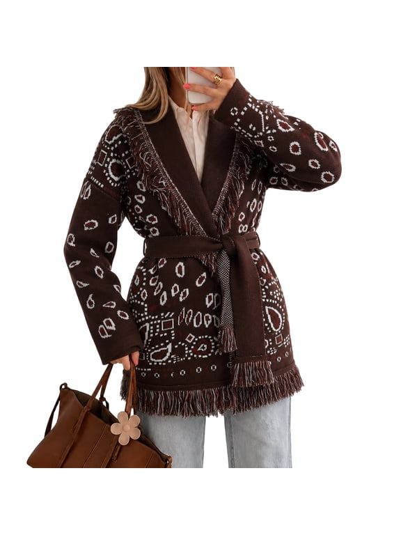 Womens Vintage Bohemian Geometric Print Knit Cardigan with Belt V Neck Fringe Trim Long Sleeve Open Front Outerwear Coffee M
