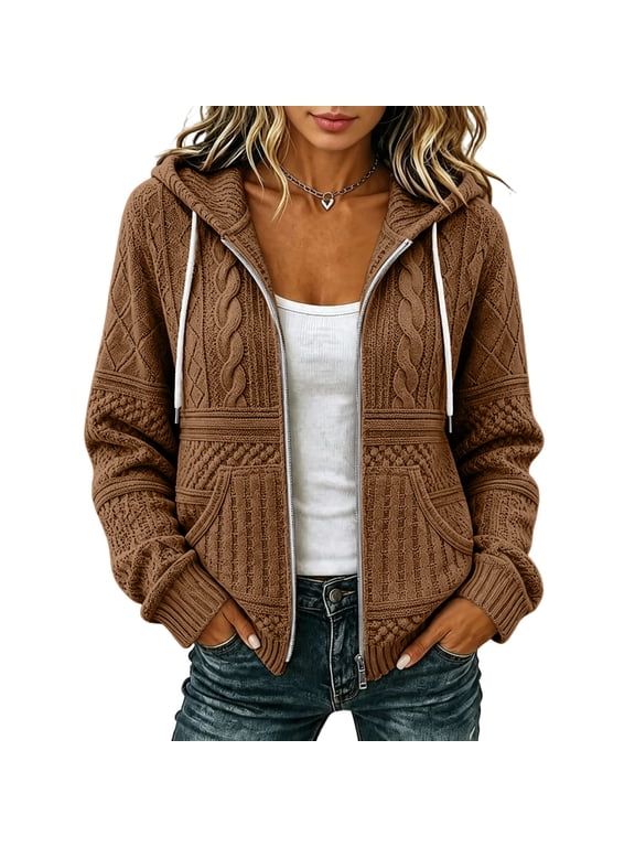 Womens Zip Up Hooded Cardigan Cable Knit Jacket Loose Casual Long Sleeve Outerwear with Pockets Drawstring Hood Brown S
