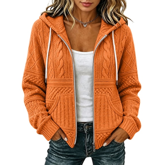 FENGYOU Womens Zip Up Hooded Cardigan Cable Knit Jacket Loose Casual Long Sleeve Outerwear with Pockets Drawstring Hood Orange M