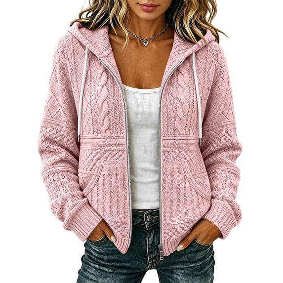 FENGYOU Womens Zip Up Hooded Cardigan Cable Knit Jacket Loose Casual Long Sleeve Outerwear with Pockets Drawstring Hood Pink XL