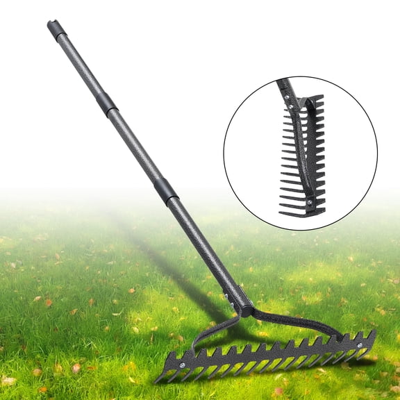 FENHRTVM Thatch Rake,Adjustable Garden Tool 63Inch 17 Teeth Heavy Duty Rake for Removing Leave Loosing Soil,Black