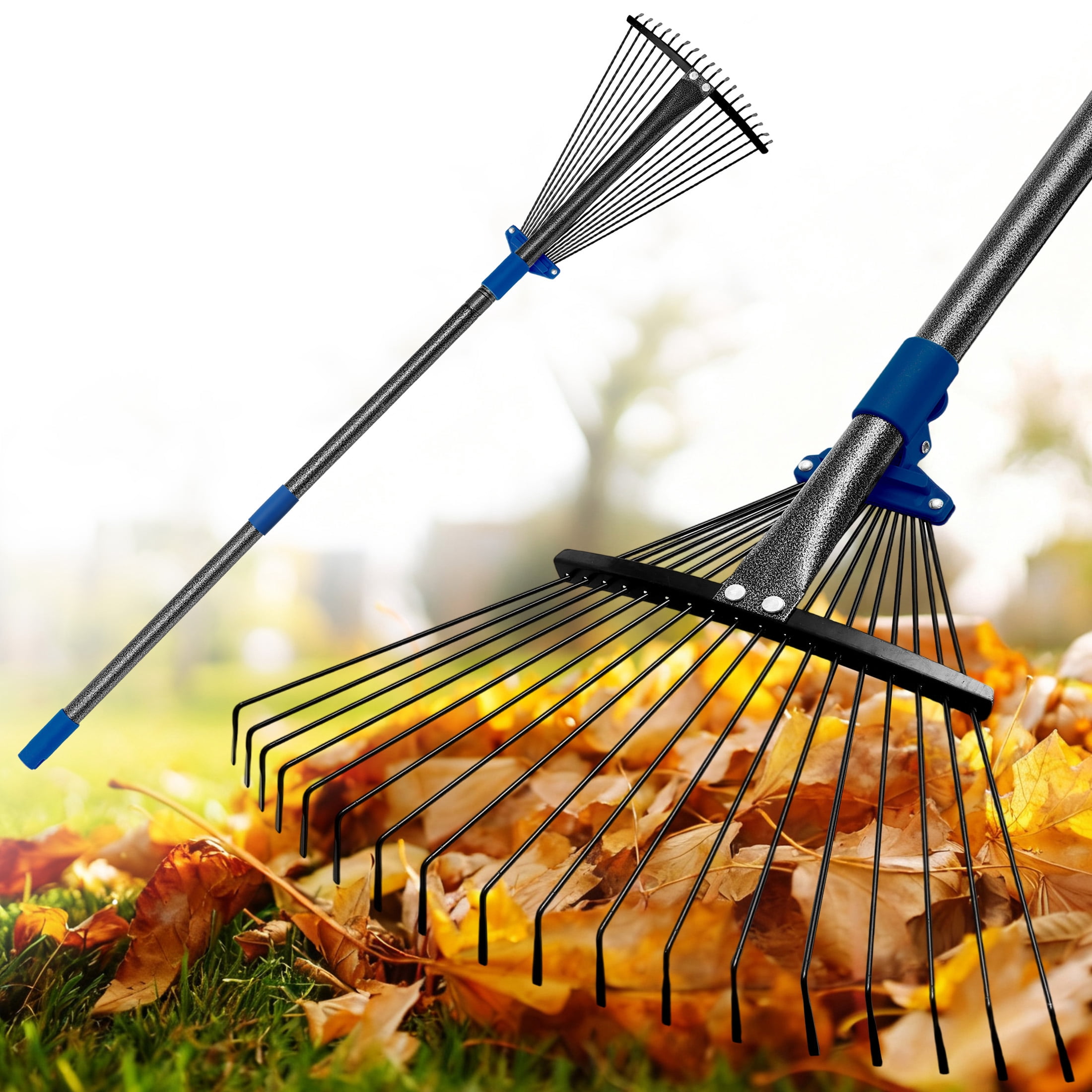 FENHRTVM Rake for Leaves,18 Teeth Adjustable Mental Garden Rake 75in Black Leaf Rakes for Lawns