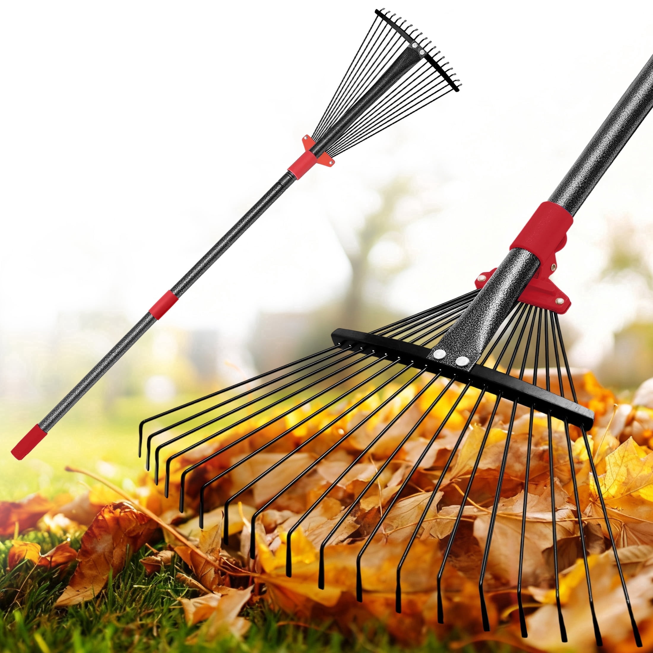 FENHRTVM Rake for Leaves, 18 Teeth Adjustable Mental Garden Rake 60in ...