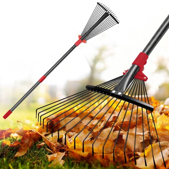 FENHRTVM Rake for Leaves,18 Teeth Adjustable Mental Garden Rake 72in Black Leaf Rakes for Lawns
