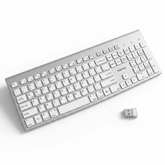 FENIFOX Wireless Keyboard Dual System Switching Full Size USB Ergonomic Whisper Quiet for Windows & macOS Silver White