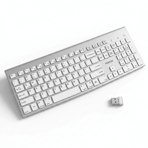 FENIFOX Wireless Keyboard Dual System Switching Full Size USB Ergonomic Whisper Quiet for Windows & macOS Silver White