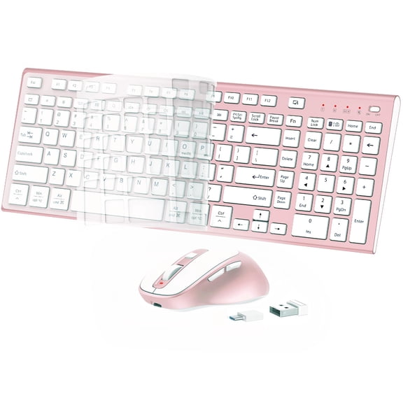 FENIFOX Wireless Keyboard and Mouse, Rechargeable USB C Combo Silent Quiet Compact Full Size Flat with Number Pad Soft Cover for Mac MacBook iMac Windows PC Laptop Computer Office - Pink & Rose Gold