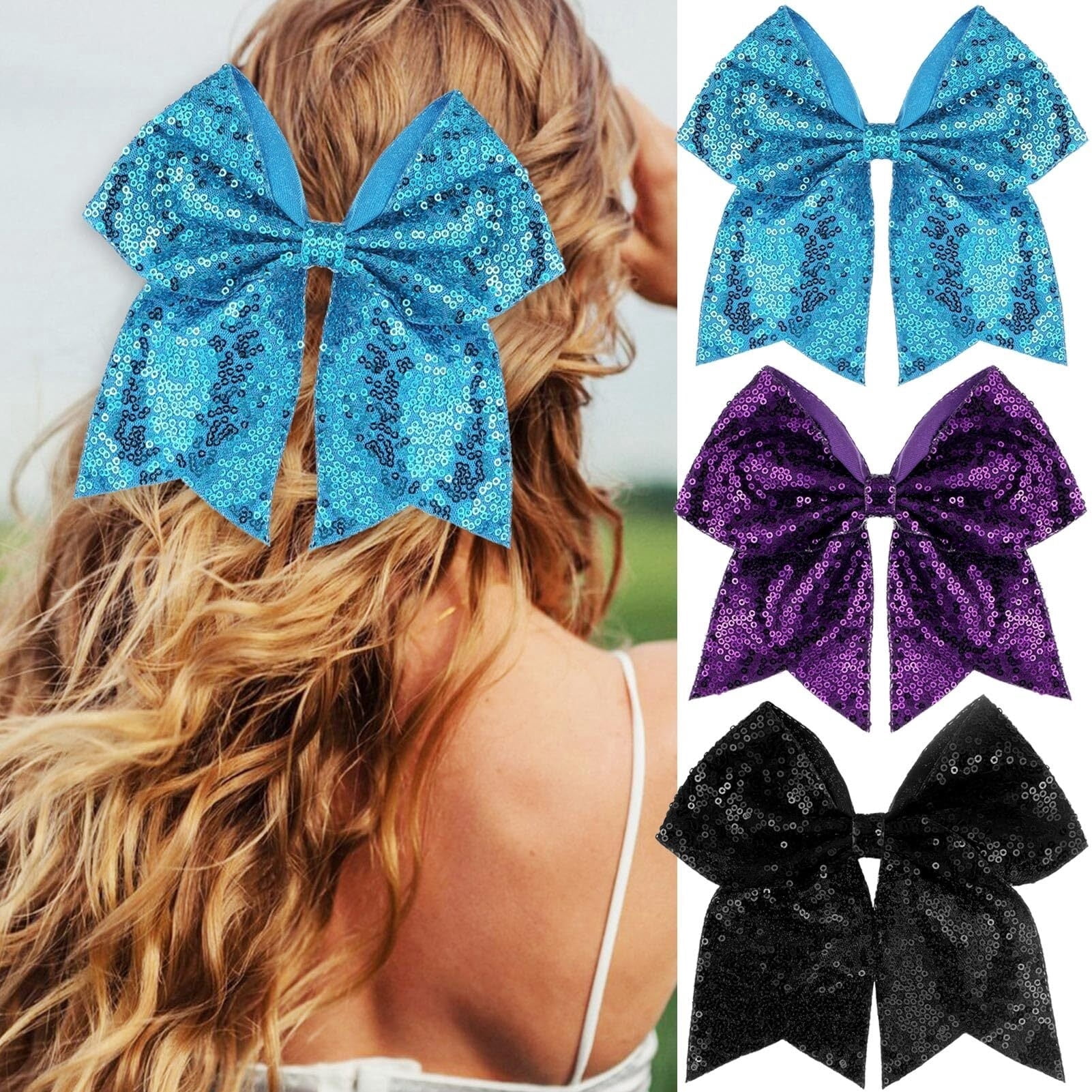 FENLEI 7 Inch Glitter Sequin Cheer Bow Hair Clips 3 Pack, Sparkly Party ...