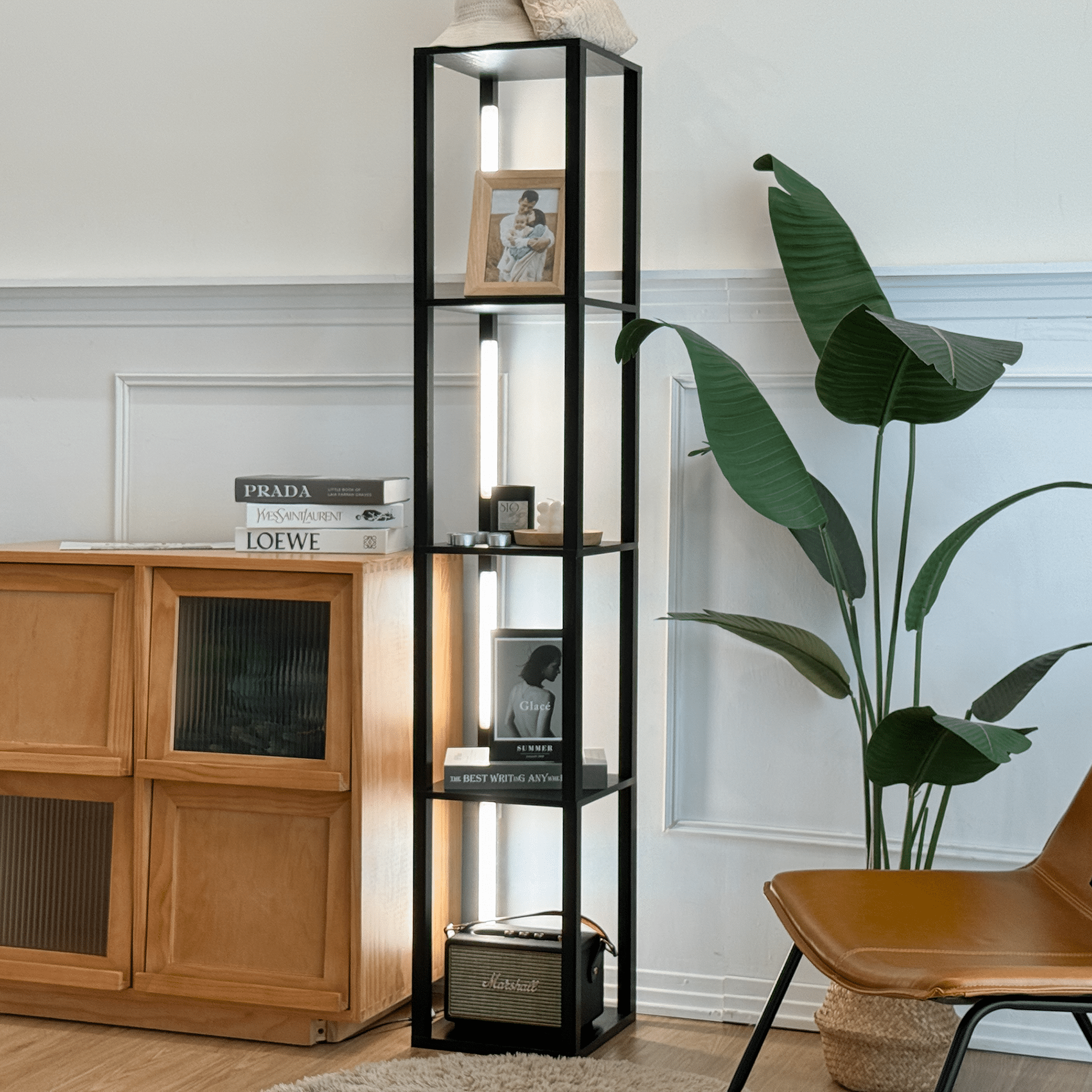 Black Adjustable LED Floor Lamp with Shelves