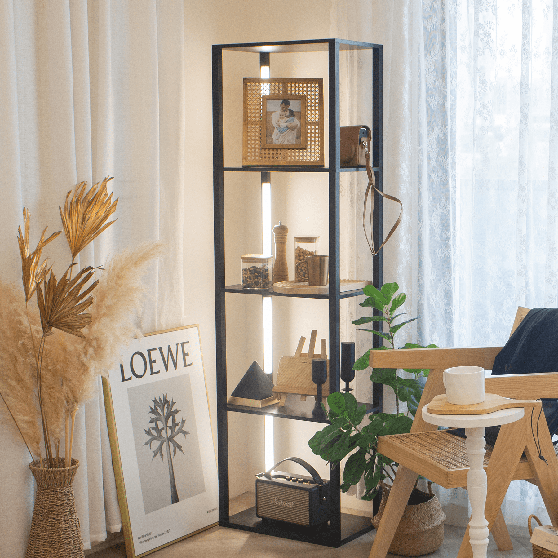 FENLO Fancy Plus Wide Wood Dimmable 4 Light LED Floor Lamp with Shelf, Eco-Friendly, App/Remote Control