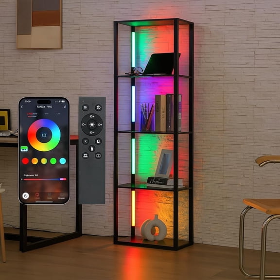 FENLO - RGB Floor Lamp with Shelves, Modern Shelf Floor Lamps for Living Room, Standing Corner Lamp for Bedroom Decor, Living Room Furniture with Strong Tempered Glass Shelves