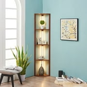 FENLO Fancy Edge - Dimmable Floor Lamp with Shelves, Luxury Corner LED Lamp for Living Room or Bedroom, Wooden Display Shelf, 64", Wulnut