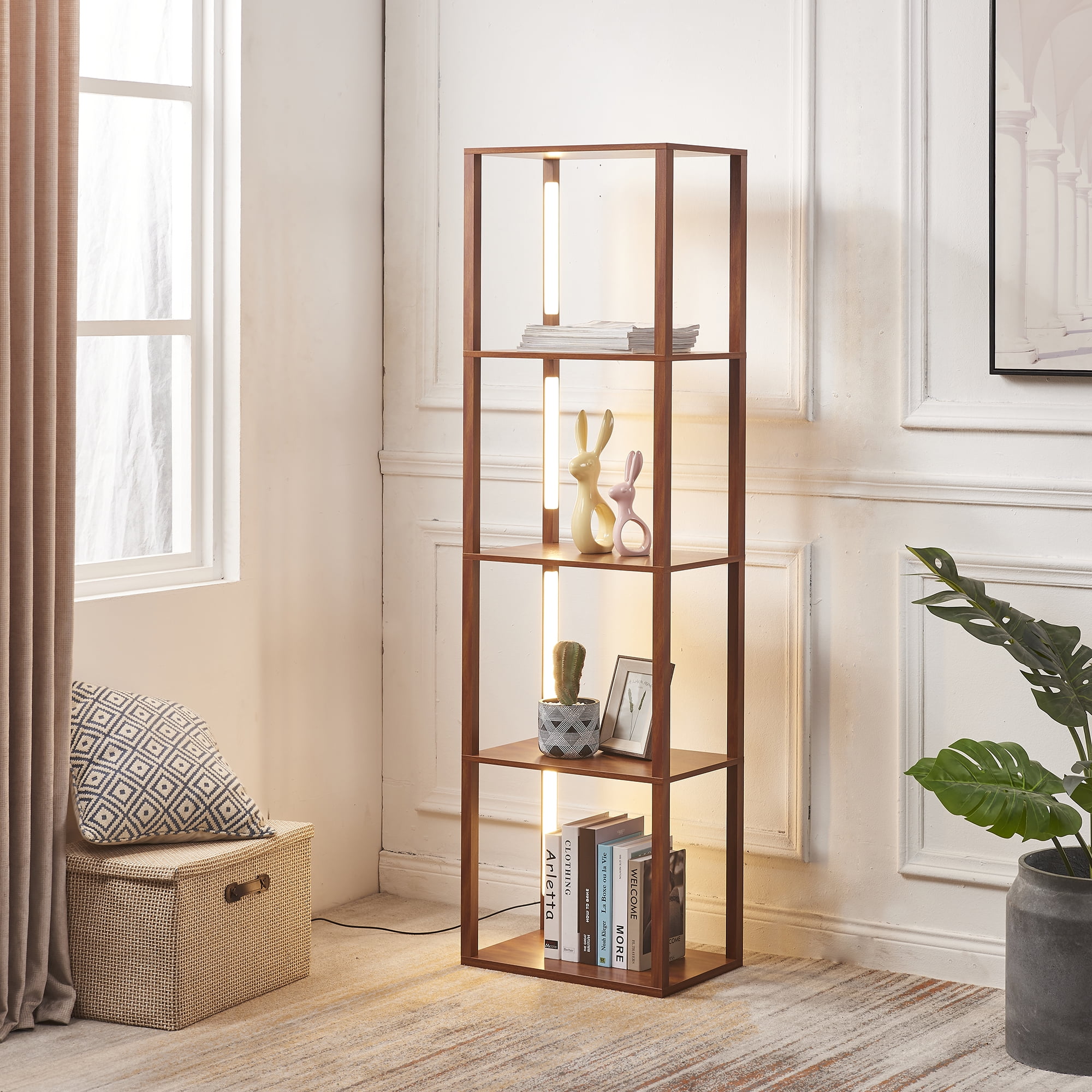 Walnut 64" Adjustable 4-Tier Shelf Floor Lamp with Dimmable LED Lights