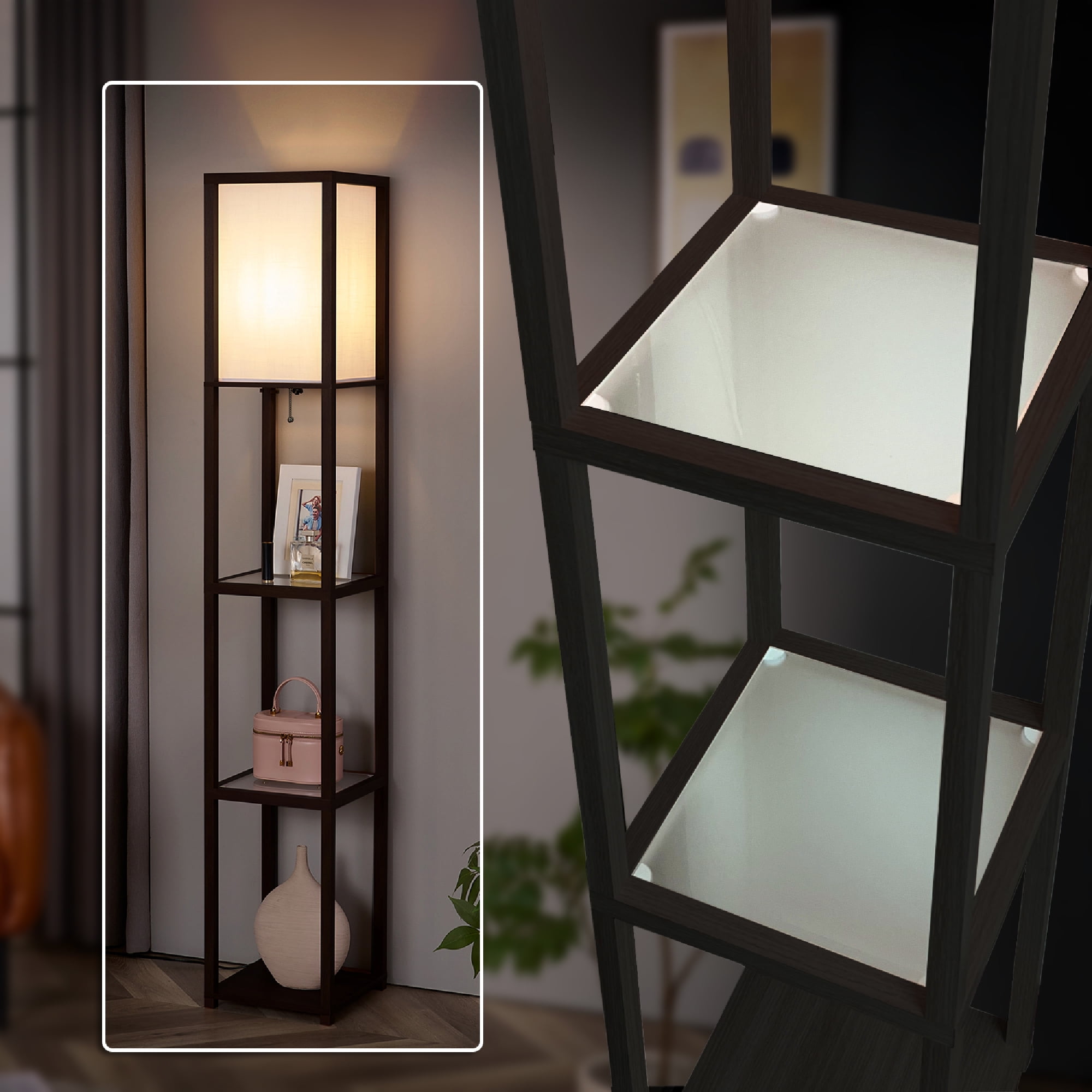 FENLO Fina - Floor Lamp with Shelves, Modern Shelf Floor Lamps for Living Room, Narrow Standing Corner Lamp for Bedroom Decor, Living Room Furniture with Strong Tempered Glass Shelves (Walnut Brown)