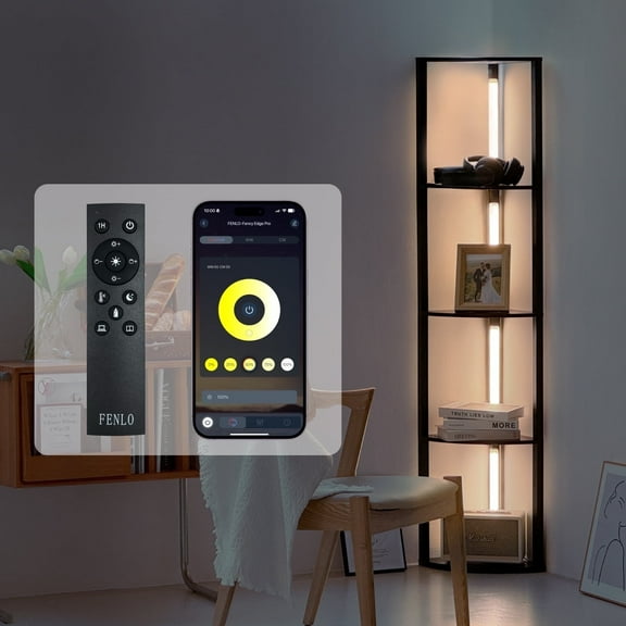 "FENLO 64"" 4-Light Wood Corner Shelf with LED Lights, Modern Dimmable Floor Lamp"