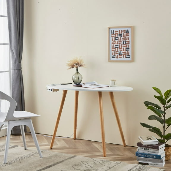 "FENLO Oval Mid-Century Modern Desk with USB-C Charging Station, 45.5"", White"