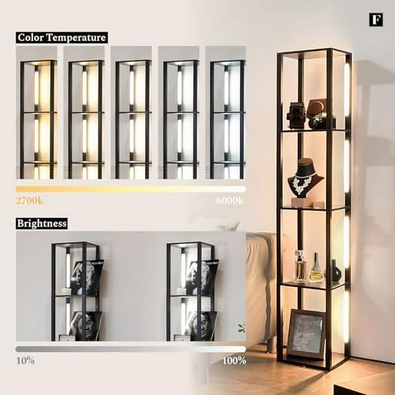 FENLO Shelf Floor Lamp with Wooden Shelves Modern Floor Lamp with Adjustable LED Lighting, Remote & App Control Tall Standing Lamp with Storage for Bedroom, Living Room, or Off