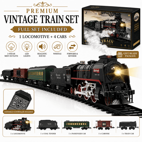 FENMING 624B Remote Control Steam Train Set with 3 Mist Outlets, Lights, Sound, Whistle, Forward & Reverse, Quiet Running, USB Rechargeable Battery, Classic Toy Train for Kids