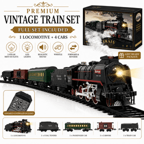 FENMING 624B Remote Control Steam Train Set with 3 Mist Outlets, Lights, Sound, Whistle, Forward & Reverse, Quiet Running, USB Rechargeable Battery, Classic Toy Train for Kids