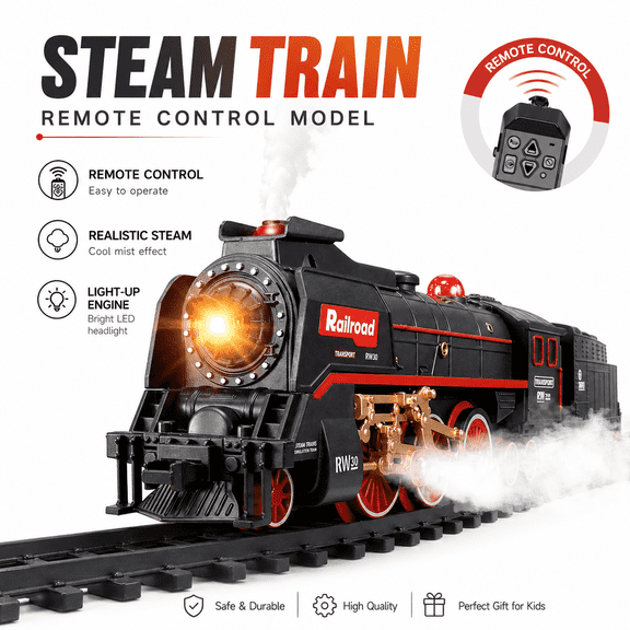 FENMING 625B Electric Train Set for Kids with Infrared Remote Control, 3 Steam Mist Outlets, LED Lighted Cars, Realistic Sound, Rechargeable Battery, Tracks, Ages 3+