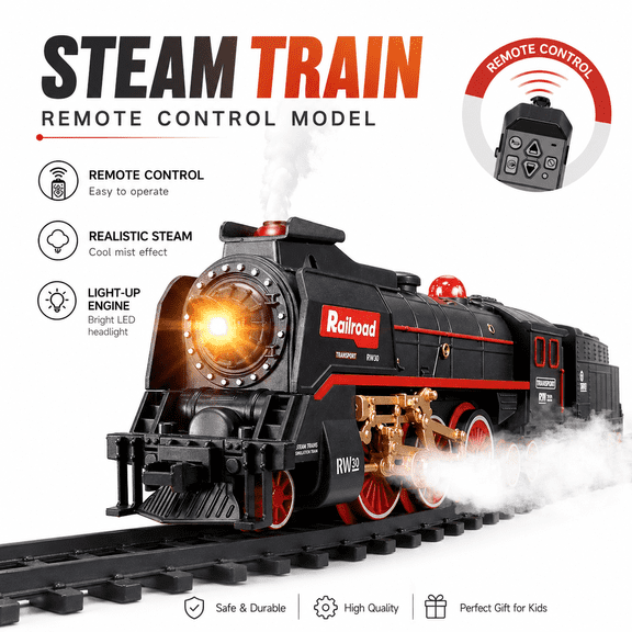 FENMING 625B Rechargeable Steam Train Set for Kids, Infrared Remote Control Electric Railway Toy with 3 Smoke Mist Outlets, Lighted Cars, Sound, Whistle and Track, Ages 3+