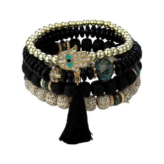 FENOHREFE 4Pcs Styles Bracelet Set for Women Adorned with Crystal Fatima Hand Tassels and Beads Stylish Outfits