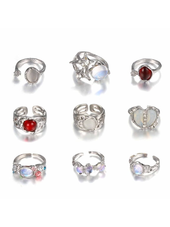 9PCS Silver Plated Moonstone Rings Set for Women Teens Dainty Heart Open Crystal Rhinestones Jewelry