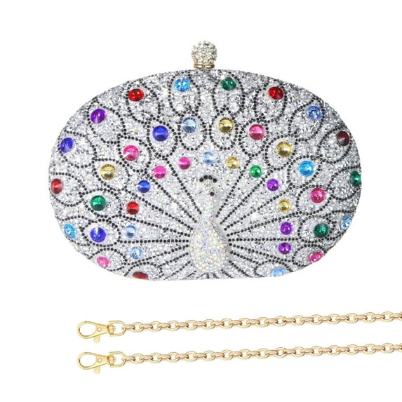 FENOHREFE Elegant Evening Purse with Peacocks Rhinestones Designs Handbag Shoulder Purse for Wedding Party Cocktail Prom Occasion