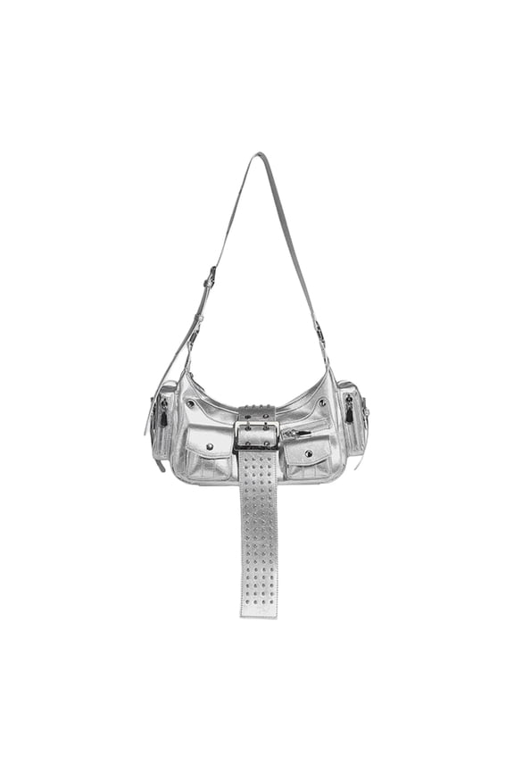 Fashion Punk Rivets PU Leather Motorcycle Shoulder Bag with Metal Underarm Handbag Zippered Crossbody Purse for Women