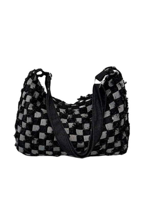 Fashionable Denims Checkered Tassels Shoulder Bag for Women Large Capacity Jeans Distressed Zippered Crossbody Handbag