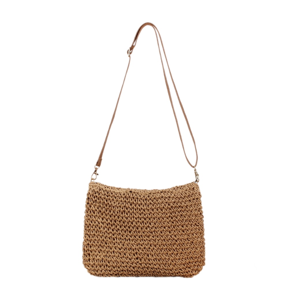 FENOHREFE Fashionable Paper Rope Woven Shoulder Bag Vintage Ethnic Crochet Colorful Flower Crossbody Purse with Zippered for Women