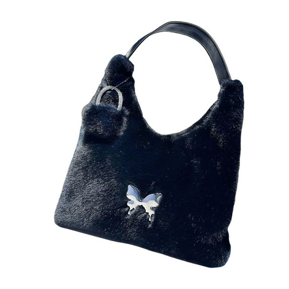 FENOHREFE Fashionable Plush Fuzzy Purses For Women Furry Underarm Bag With Butterfly Decors Zippered Closure And Spacious Interior
