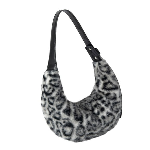 FENOHREFE Fashionable Plush Shoulder Bag with Crescent Shape and Leopard Pattern Underarm Bags Party Handbag for Women