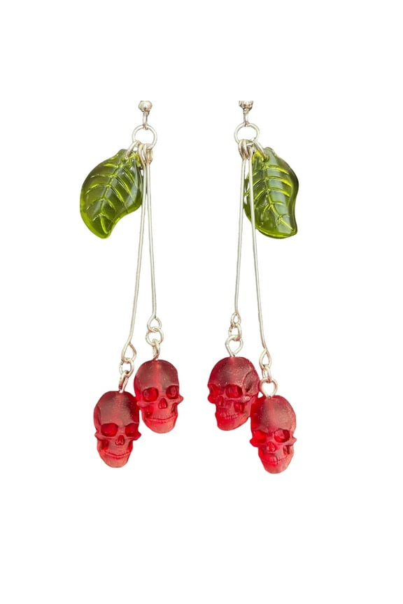 Gothic Skull Earrings in Fashionable Red Vampires Skull Styles with Green Leaf Detail for Fashion Forward Women