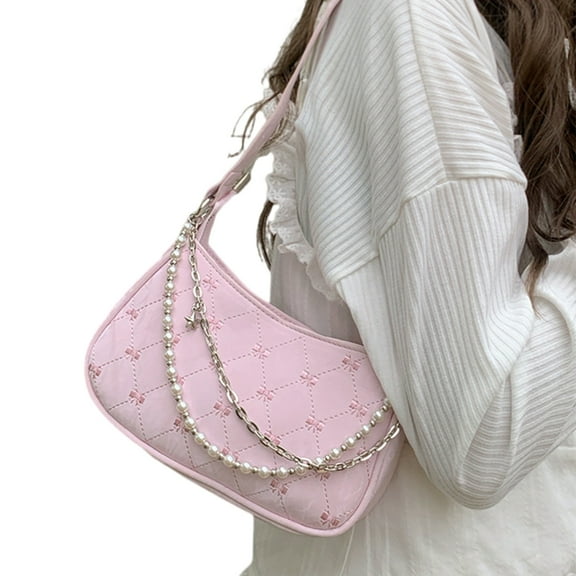 FENOHREFE Modern Armpit Bag PU Leather Solid Color Underarm Shoulder Handbag for Women Pearl Chain Zippered Crossbody Bag Purse